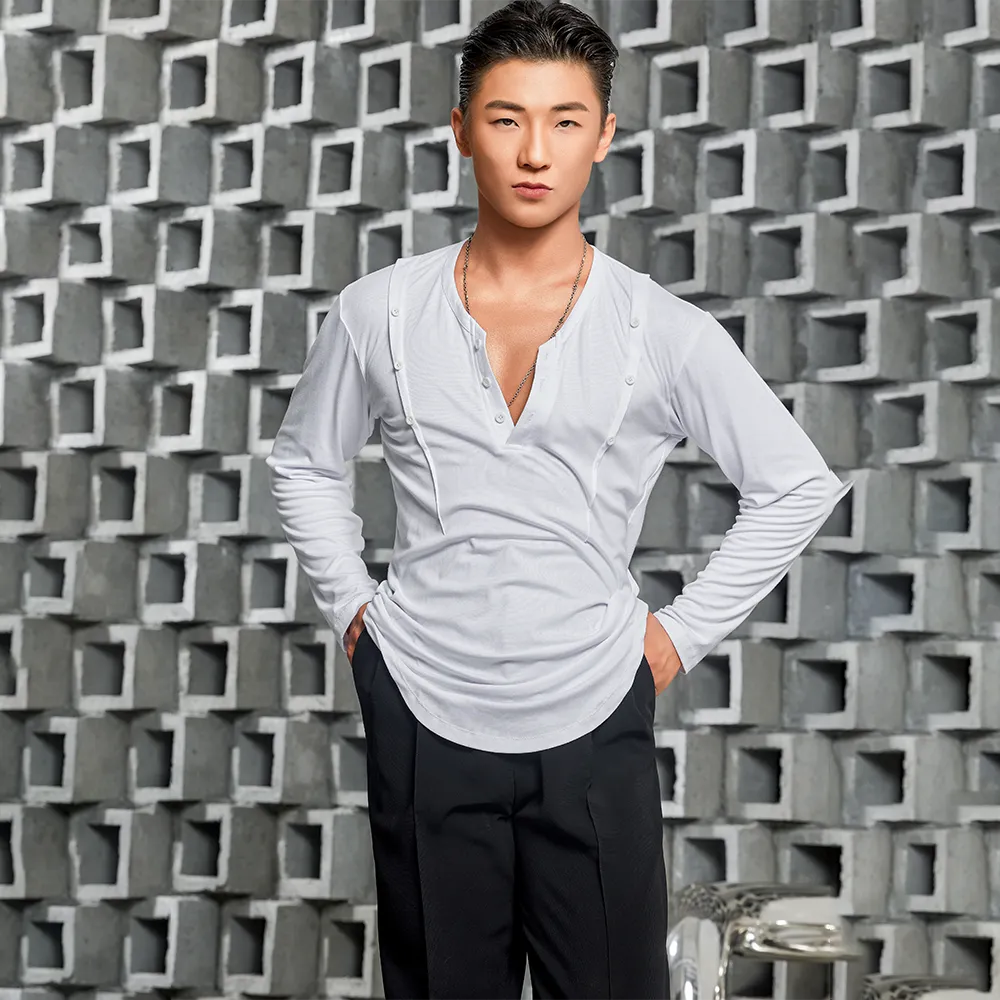 NY682 Men’s Button‑Detail Long‑Sleeve Latin Dance Top